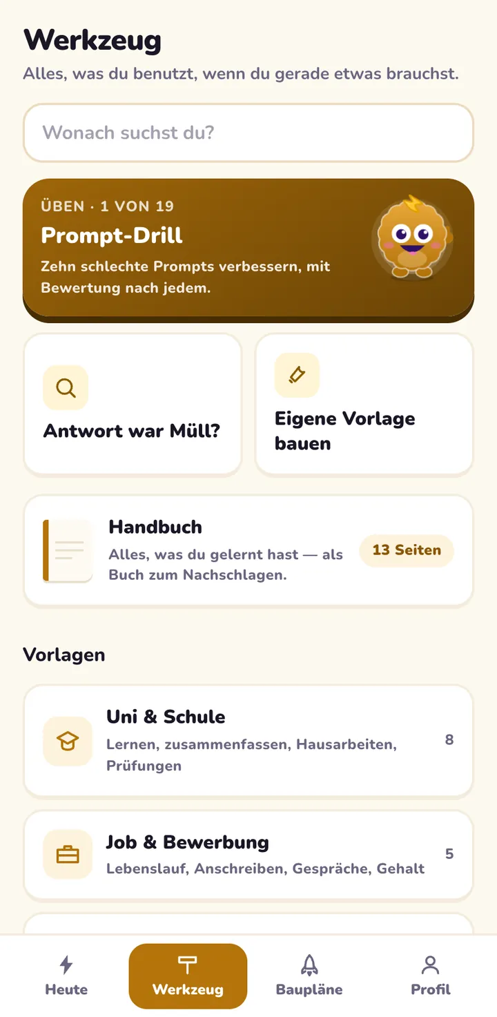 Klenna, Bildschirm Werkzeug: Der Werkzeugkasten mit Drill, Vorlagen und Handbuch